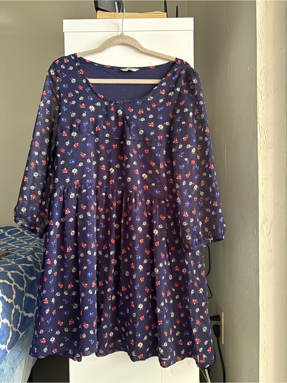 Navy Floral Babydoll Dress with Red & White Flowers
